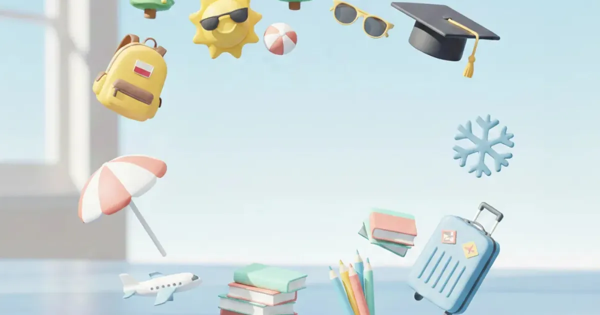 Ilustracja przedstawiająca symbole szkoły i wakacji - plecak, książki, walizka, parasol plażowy i czapka absolwenta na niebieskim tle