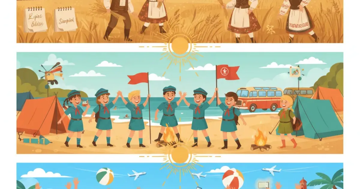 Historia wakacji szkolnych w Polsce od XIX wieku do współczesności - ilustracja edukacyjna trzech epok