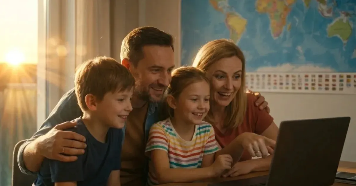 Rodzina planuje wakacje szkolne razem przy laptopie z mapą świata